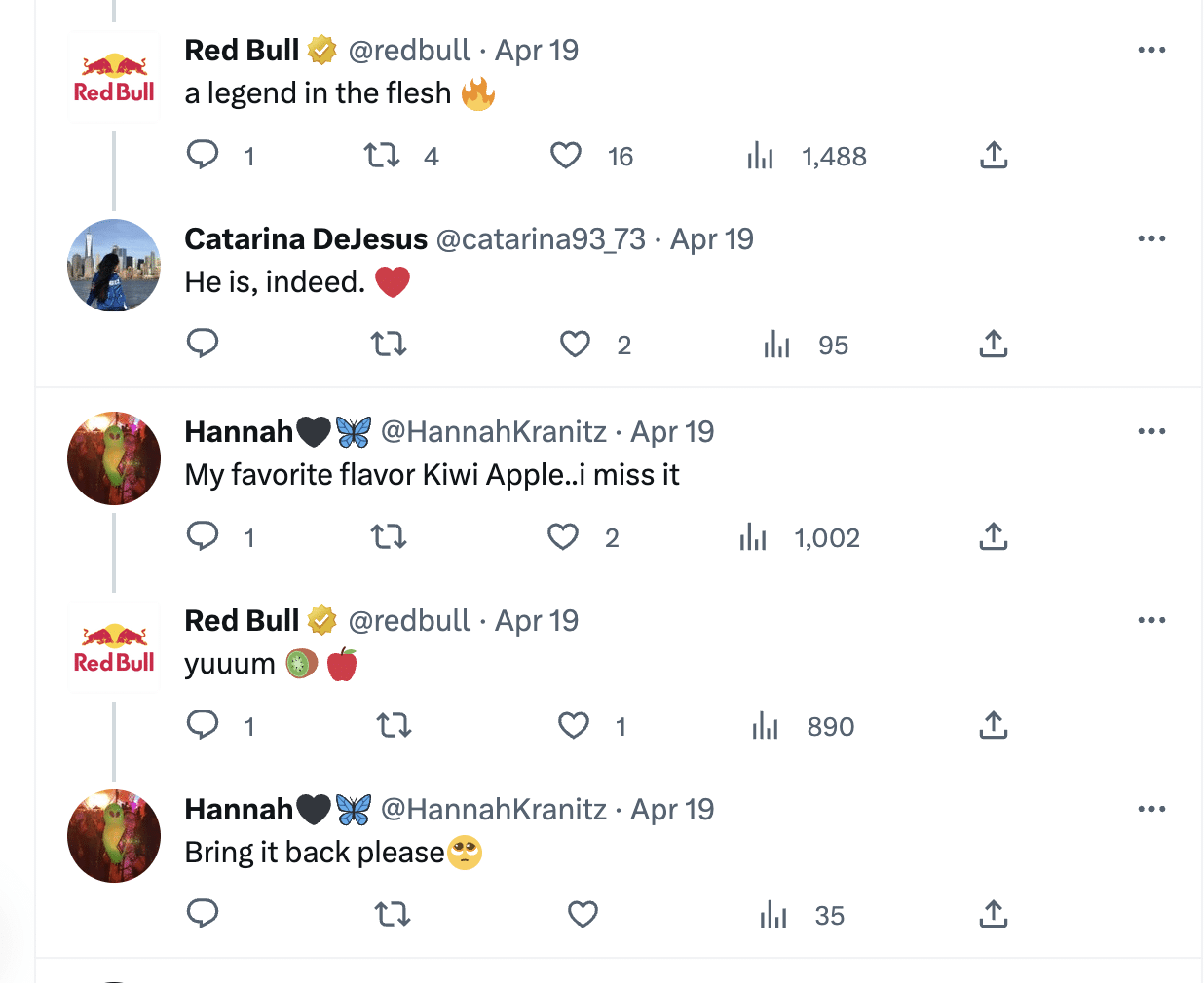 Replies from Red Bull's Twitter social media account to some comments from followers