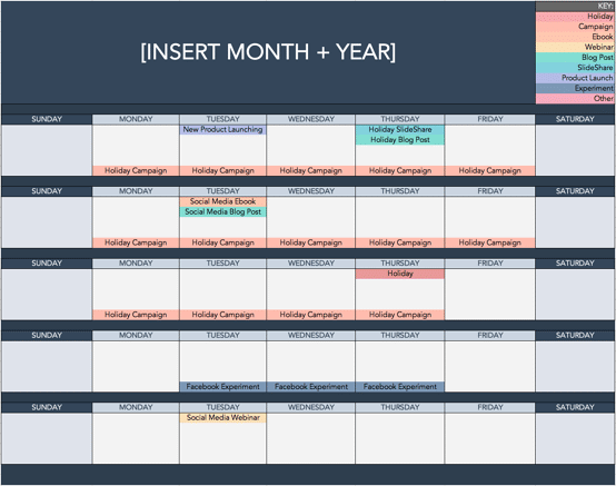 Social Media content calendar template from hubspot